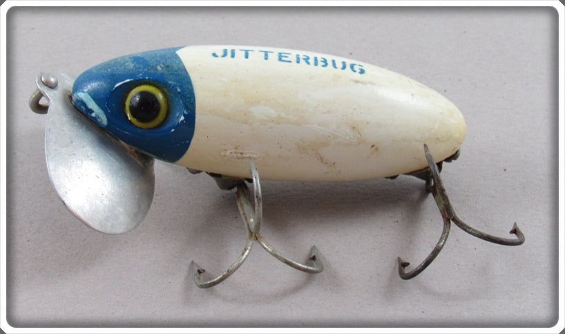 Vintage Arbogast Blue Head White Body 5/8 Oz Jitterbug Lure For Sale