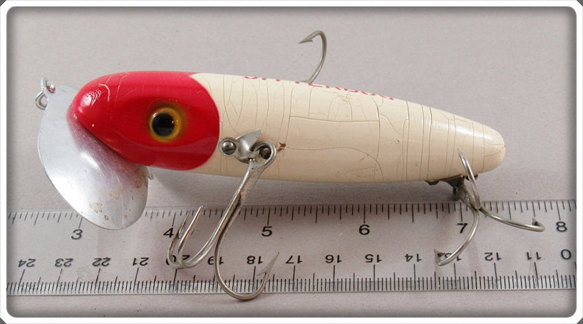 Vintage Arbogast Red Head White Wooden Musky Jitterbug Lure For