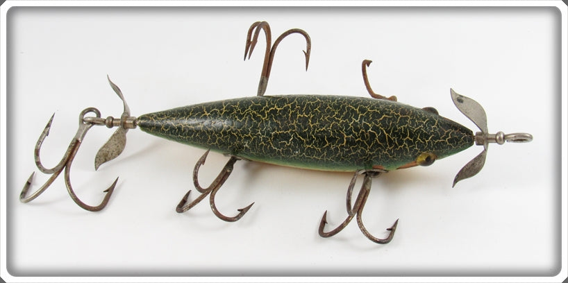 antique 5 hook 2 belly weight fishing lure Vintage Heddon Green Crackleback Five Hook 700 Muskellunge Minnow Lure