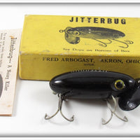 Vintage Fred Arbogast Black Plastic Lip Jitterbug Lure In Picture Box