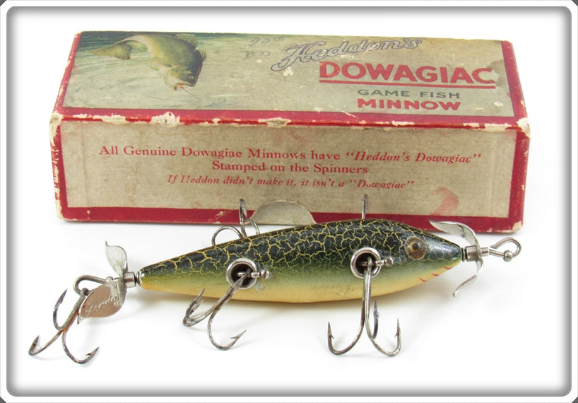 Vintage Heddon Green Crackleback 150 Dowagiac Minnow In Semi Tall Box