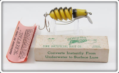 Vintage Zink Artificial Bait Co Yellow Zink Screwtail Lure In Box