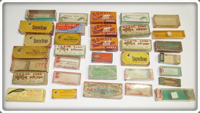 Lot of 33 Vintage Empty Lure Boxes South Bend, Bomber, Heddon & More