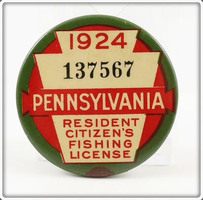 Vintage 1924 Pennsylvania Resident Fishing License Pin