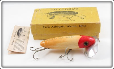 Vintage Arbogast Red & White Wooden Two Hook Musky Jitterbug In Box