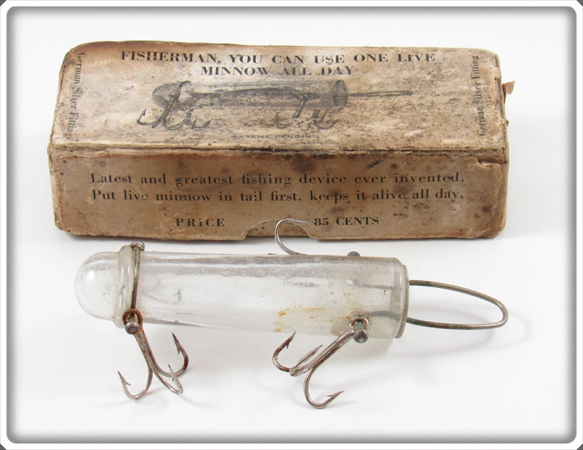 Vintage Detroit Glass Minnow Tube Company Minnow Tube Lure In Box
