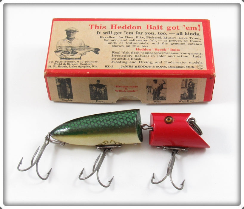 Vintage Heddon Red Head Green Scale Zig Wag Lure In Box 8309 DRH