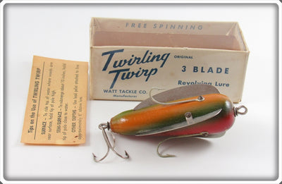 Watt Tackle Co Red, Yellow, Green & Orange Twirling Twirp Lure In Box