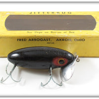 Vintage Arbogast Black Wooden Jitterbug Lure In Cellophane Lid Box
