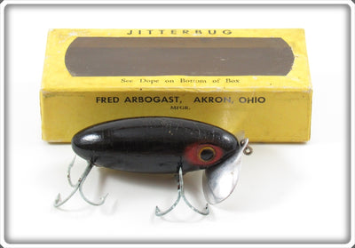 Vintage Arbogast Black Wooden Jitterbug Lure In Cellophane Lid Box