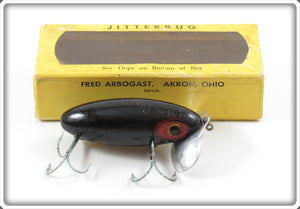 Vintage Arbogast Black Wooden Jitterbug Lure In Cellophane Lid Box