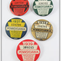 Lot Of Five Vintage 1930's Pennsylvania Fishing License Pins