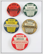 Lot Of Five Vintage 1930's Pennsylvania Fishing License Pins