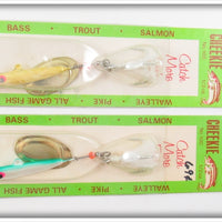 Vintage Creek Chub Gold & Silver Green Cheekie Lure Pair On Cards