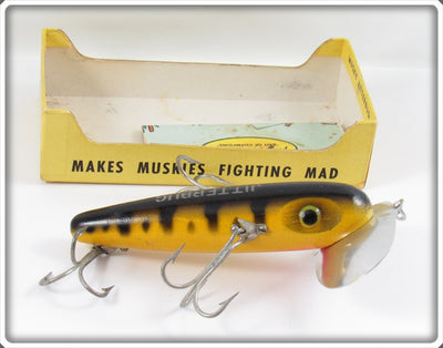 Vintage Arbogast Yellow Coachdog Wood Musky Jitterbug In 716 Box