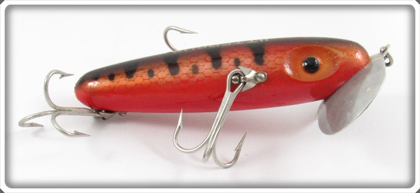Vintage Arbogast Fluorescent Red Black Back Wood Musky Jitterbug Lure