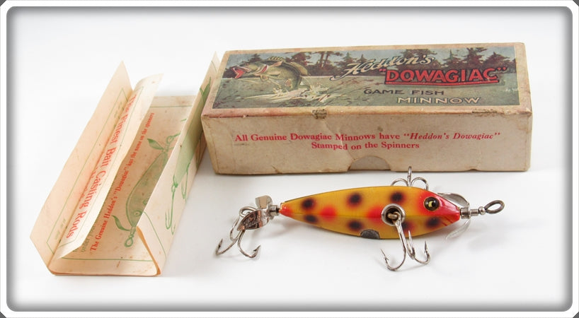 Heddon Yellow Red & Black Spots 0 Dowagiac Minnow In Pine Tree Box 01