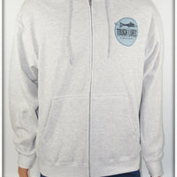 Blue Tough Lures Logo Front Fish Man On Back Ash Gray Zipper Hoodie