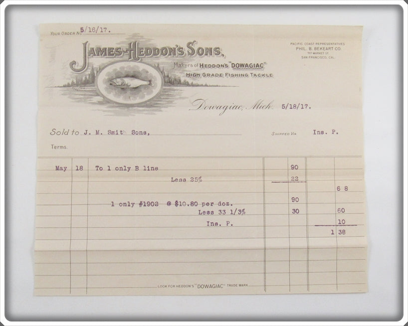 James Heddon's Sons 1917 Invoice