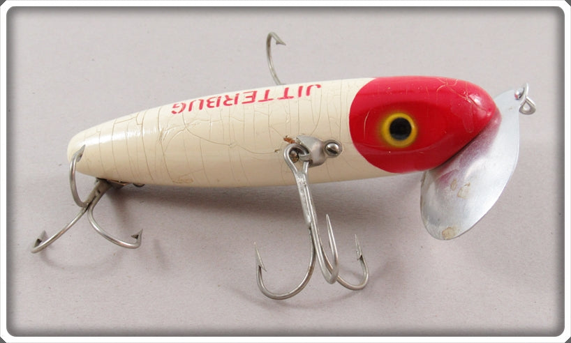 Vintage Arbogast Red Head White Wooden Musky Jitterbug Lure For Sale