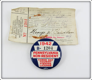 1942 Pennsylvania Non-Resident Fishing License Pin With Paper