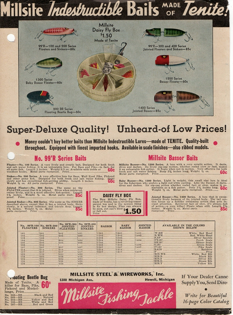 Vintage 1939 Millsite Indestructible Baits Made Of Tenite Ad