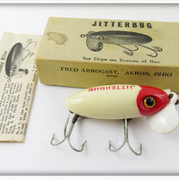 Vintage Arbogast Red & White Plastic Lip Jitterbug Lure In Box