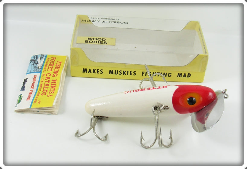 Vintage Arbogast Red Head Wood Musky Jitterbug Lure In Box For