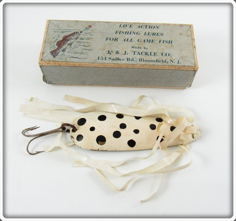 Vintage J & J Tackle Co White & Black Spotted Dancer In Box