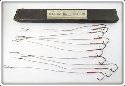 Antique Early 1900's Williams Barbless Snelled Bass Hooks In Correct Box