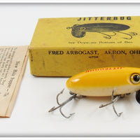 Arbogast Yellow White Belly Black Plastic Lip Jitterbug Lure In Box