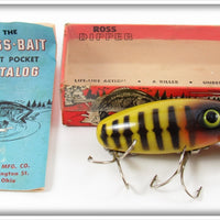 Vintage Ross Bait Mfg Co Yellow Black Ribs Dipper Lure In Box