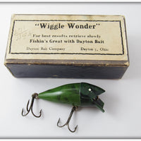 Vintage Dayton Bait Co Green & Black Swirl Wiggle Wonder Lure In Box