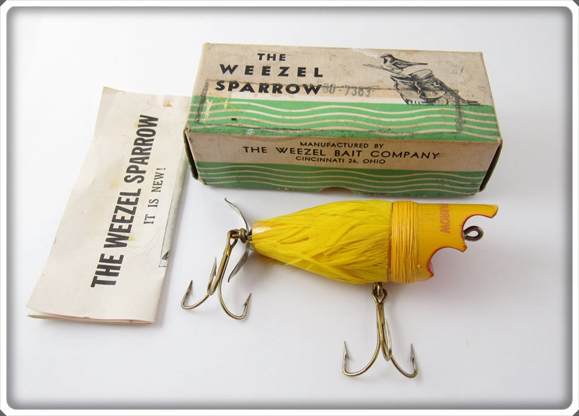 Vintage The Weezel Bait Co Yellow Weezel Sparrow Lure In Box