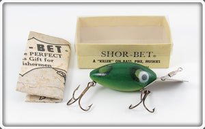 Vintage Shor-Bet Bait Co Green Shor-Bet Frog Lure In Box
