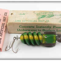 Vintage Zink Artificial Bait Co Green & Yellow Zink Screwtail In Box