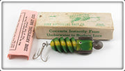 Vintage Zink Artificial Bait Co Green & Yellow Zink Screwtail In Box