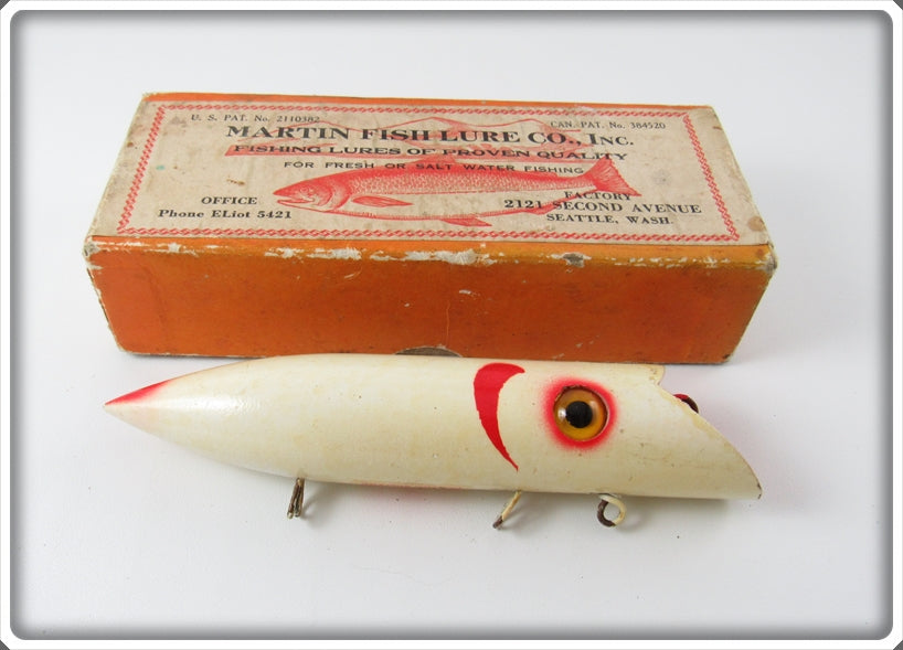 Vintage Martin Fish Lure Co White Red Gill Salmon Plug In Box For