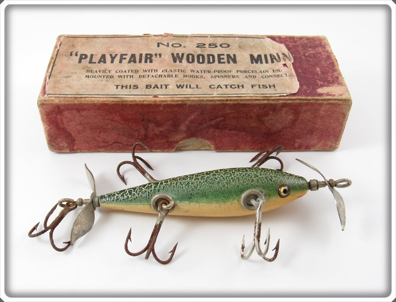 Vintage Playfair Green Crackleback Wooden Minnow Lure In Box