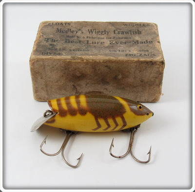 Vintage Medley's Yellow & Brown Wiggly Crawfish Lure In Box