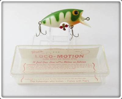 Vintage Poe's White Green Striped Loco-Motion Lure In Box