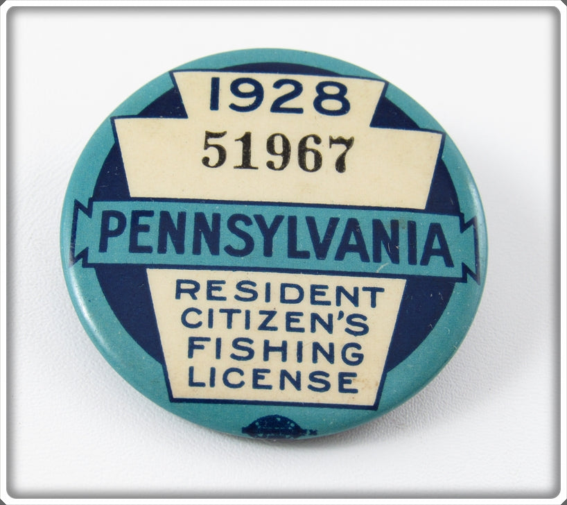 Vintage 1928 Pennsylvania Resident Fishing License Pin For Sale