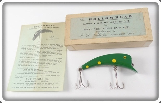 Vintage R-K Tackle Co. Green & Yellow Hollowhead Hollow Head Lure GY