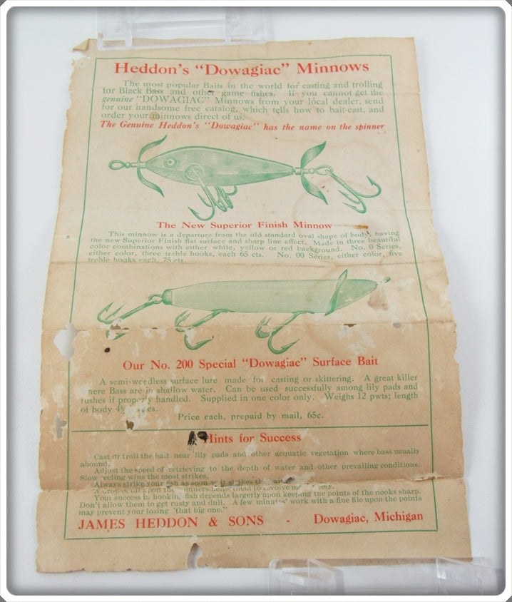 Antique Heddon 1911 White Pasteboard Box Paper Insert 