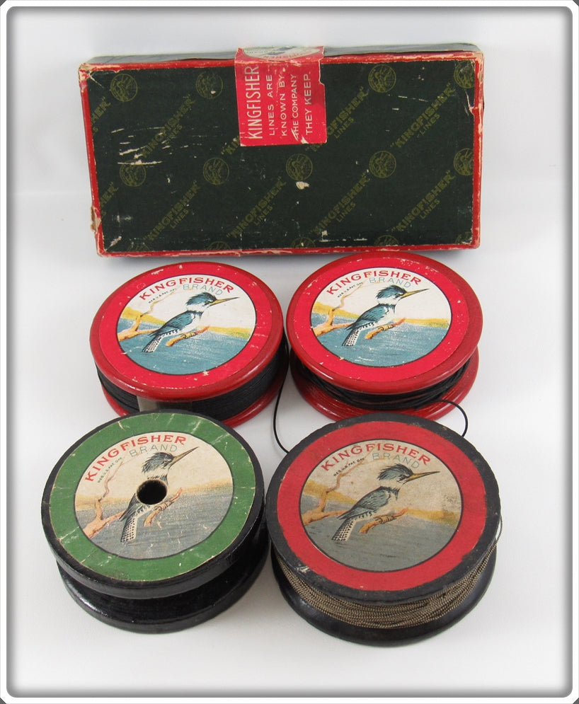 Vintage Kingfisher Brand Lot Of Four Line Spools With Box For Sale
