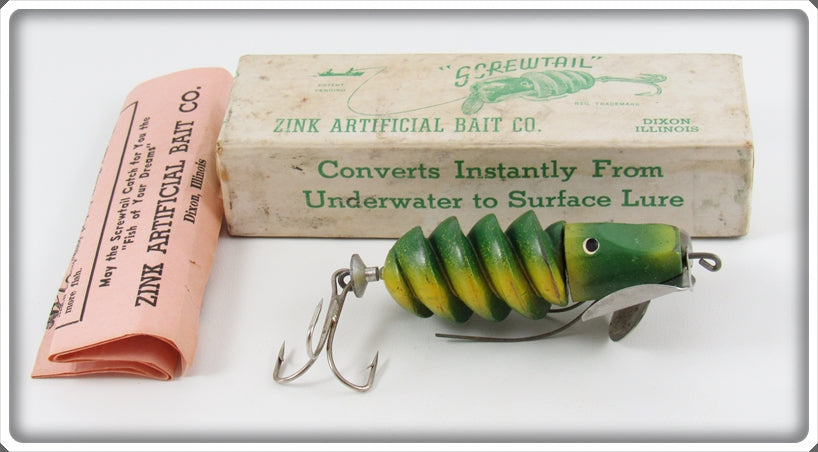 Vintage Zink Artificial Bait Co Green Screwtail Lure In Box