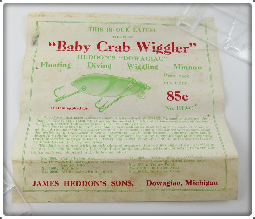 Vintage Antique Heddon Intro Paperwork For Baby Crab Wiggler Lure 1909-C