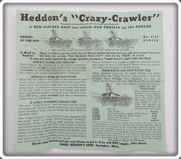 Vintage Heddon Intro Green Crazy Crawler Paper Insert