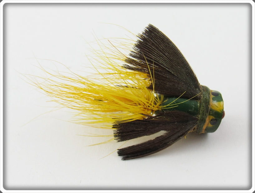 Vintage Heddon Dark Green Yellow Hackle Bass Bug Spook Lure