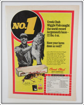 Vintage 1976 Creek Chub Wigglefish World Record Bass Ad